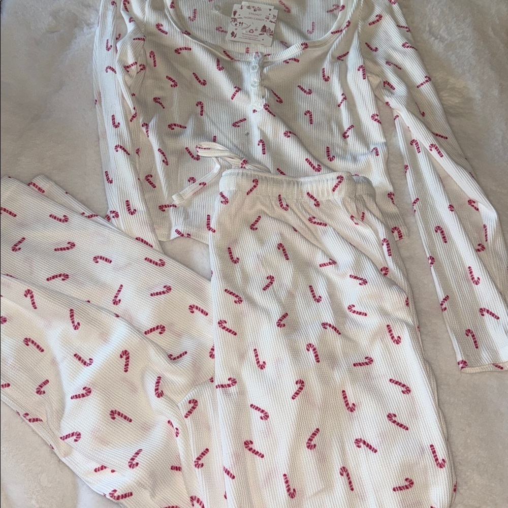 pink rose Christmas candy cane two-piece ribbed sleep set